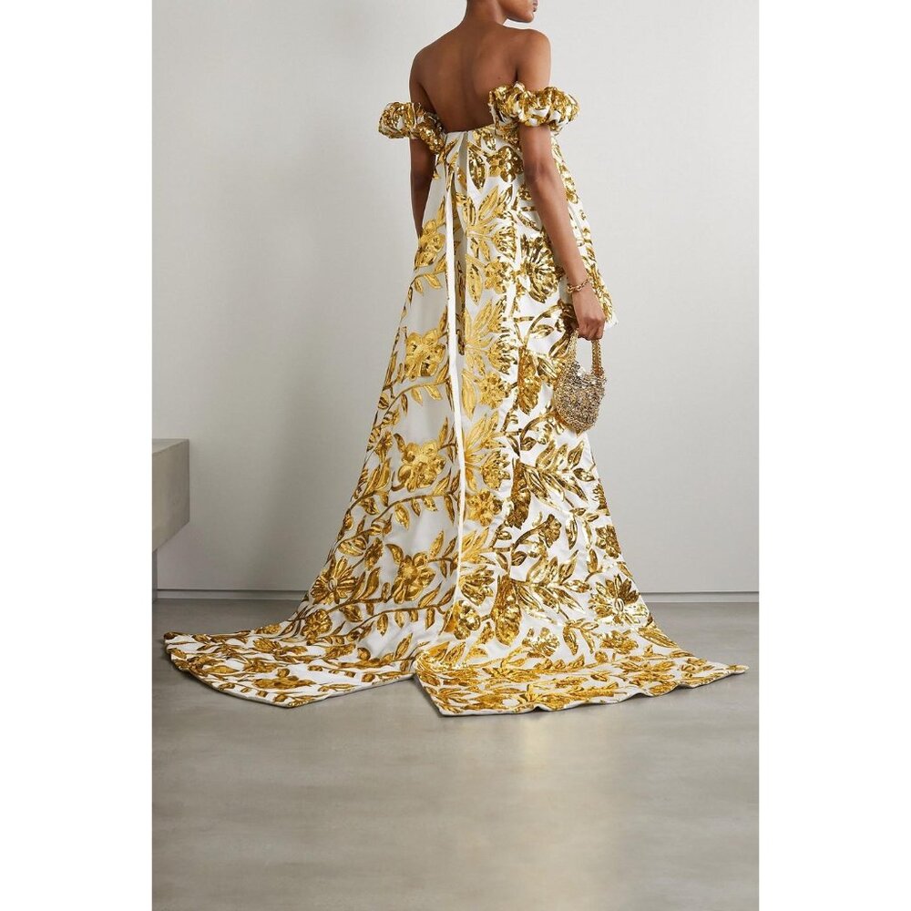 Markarian Esmee Off The Shoulder Sequin Embellished Duchesse Satin Dress Gol NWT - Picture 2 of 8